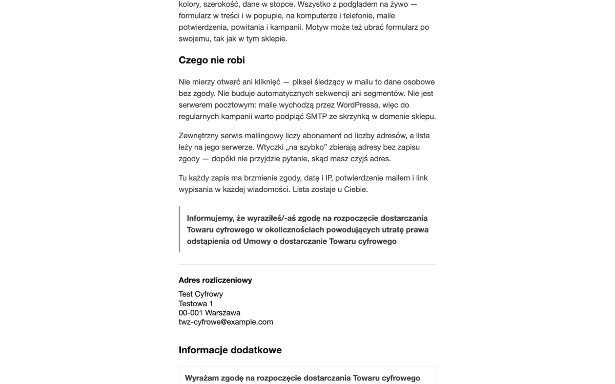 Mail po zakupie z opisem produktu i komunikatem o zgodzie