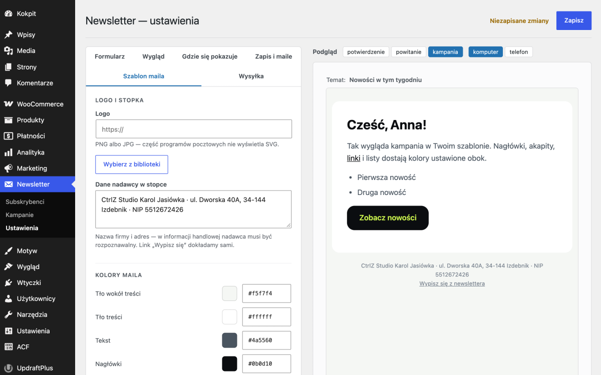 Szablon maila z logo, kolorami i danymi nadawcy w stopce