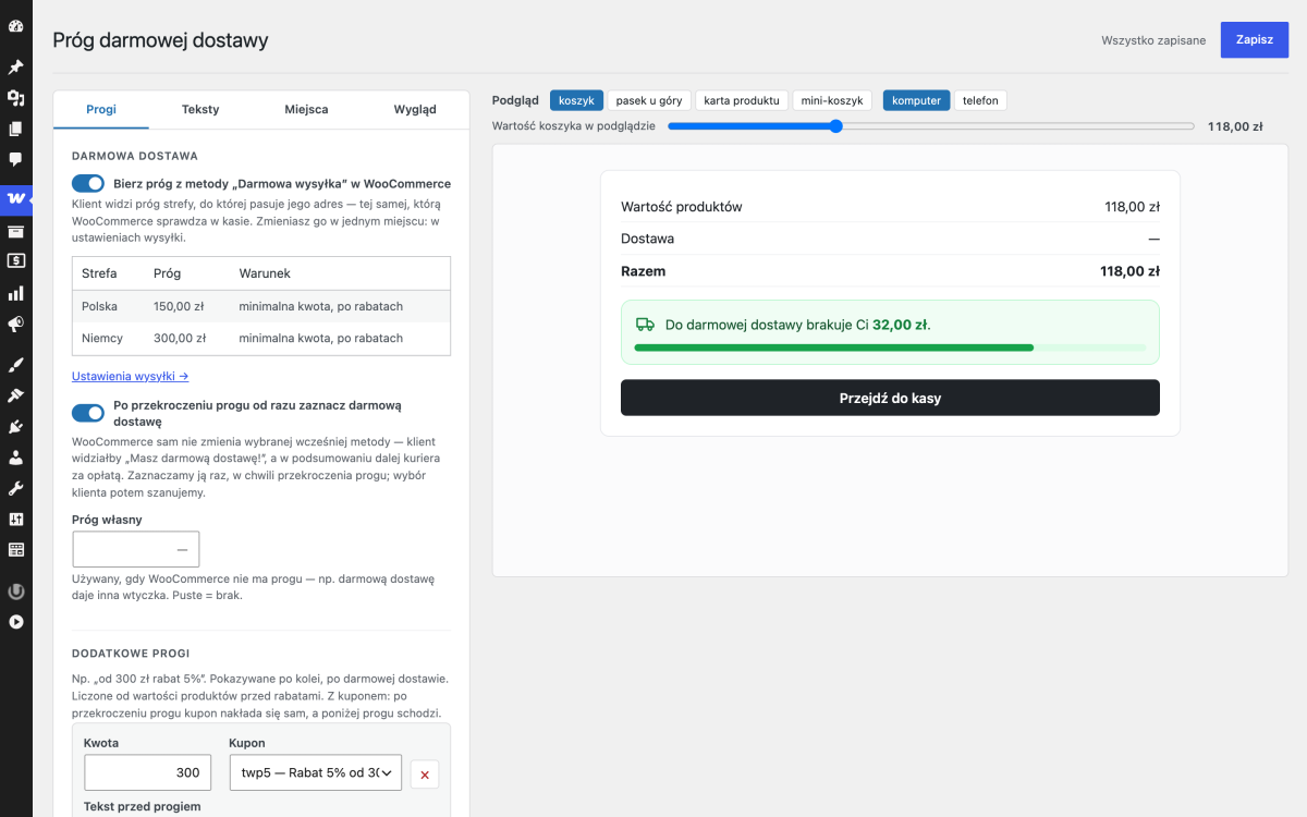 Progi czytane ze stref wysyłki WooCommerce