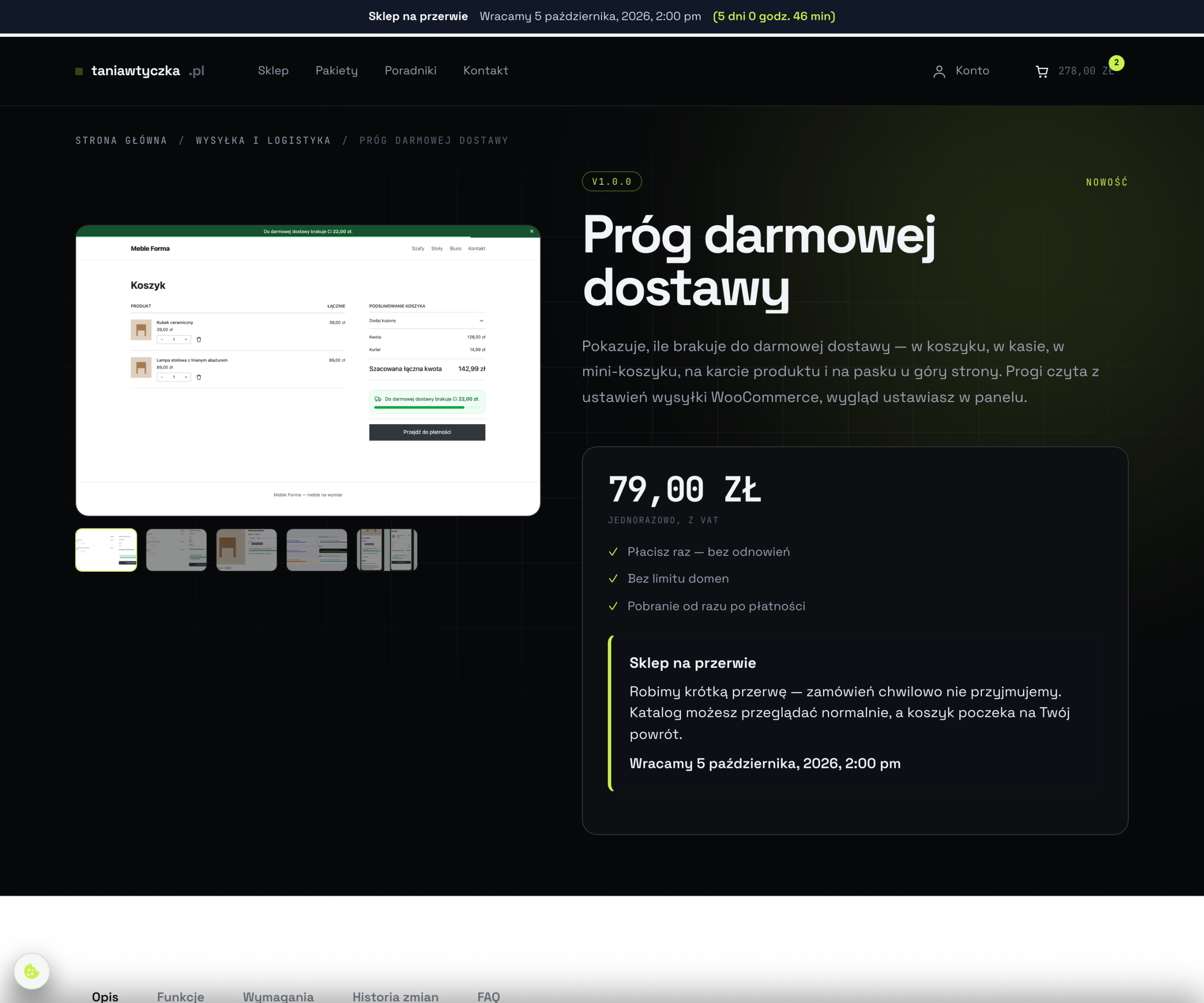 Tryb wakacyjny - komunikat zamiast przycisku zakupu