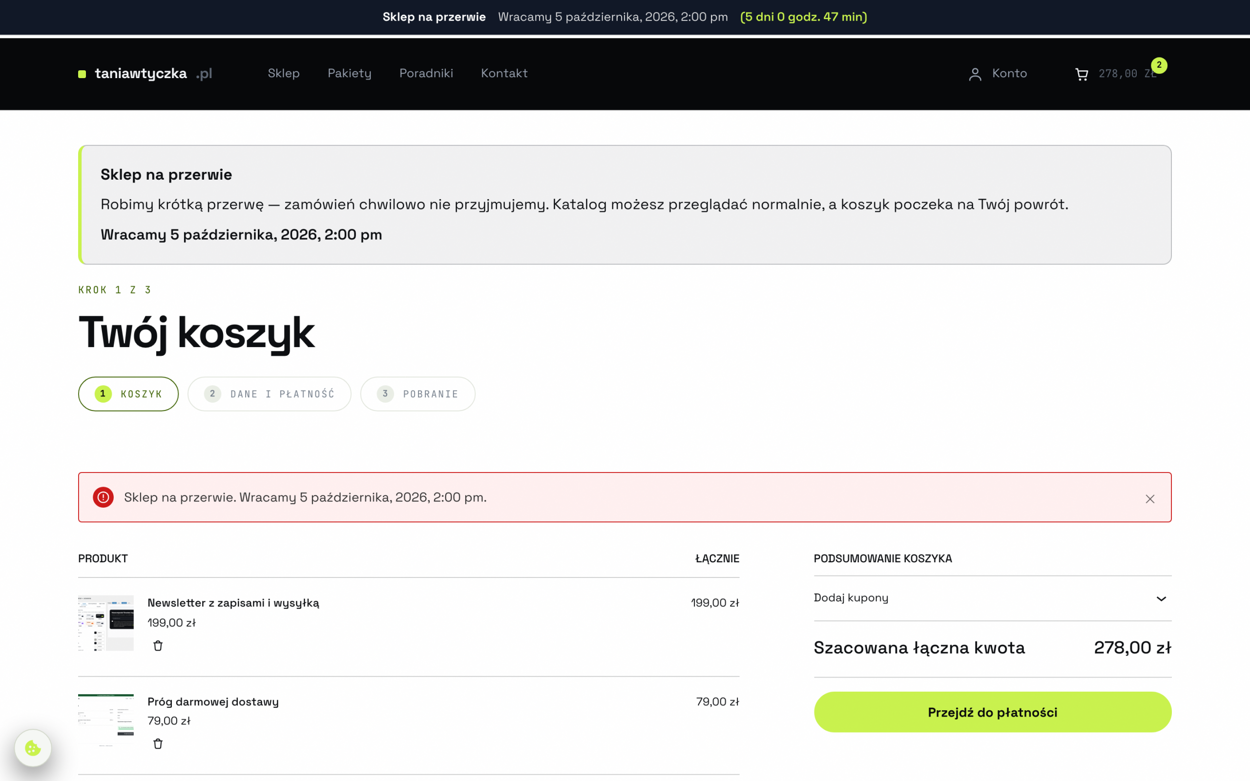 Tryb wakacyjny - koszyk klienta zostaje nietknięty