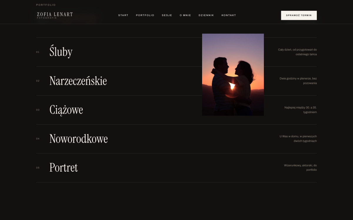 Lista działów z podglądem zdjęcia przy kursorze