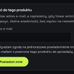 Formularz „Powiadom mnie” zamiast przycisku zakupu na karcie produktu bez stanu magazynowego