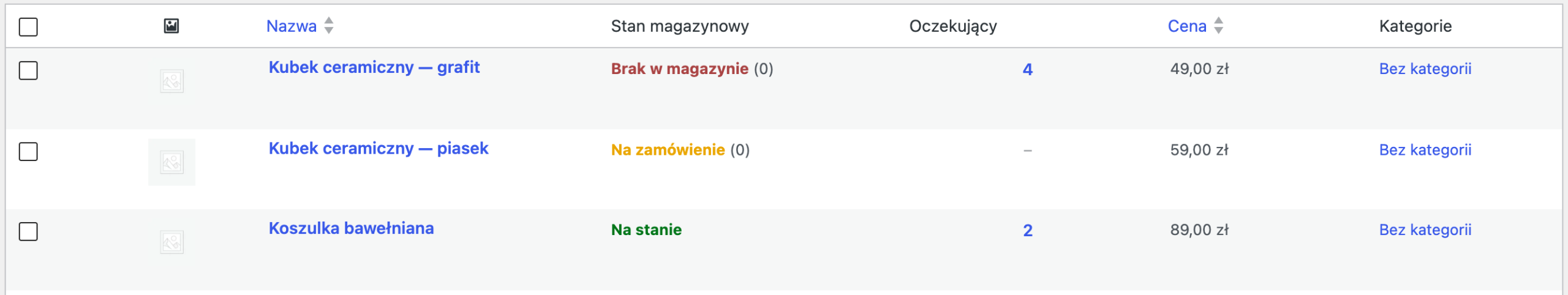 Kolumna „Oczekujący” na liście produktów w panelu WooCommerce