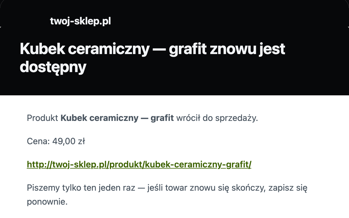 Mail o powrocie produktu do sprzedaży w szacie sklepu