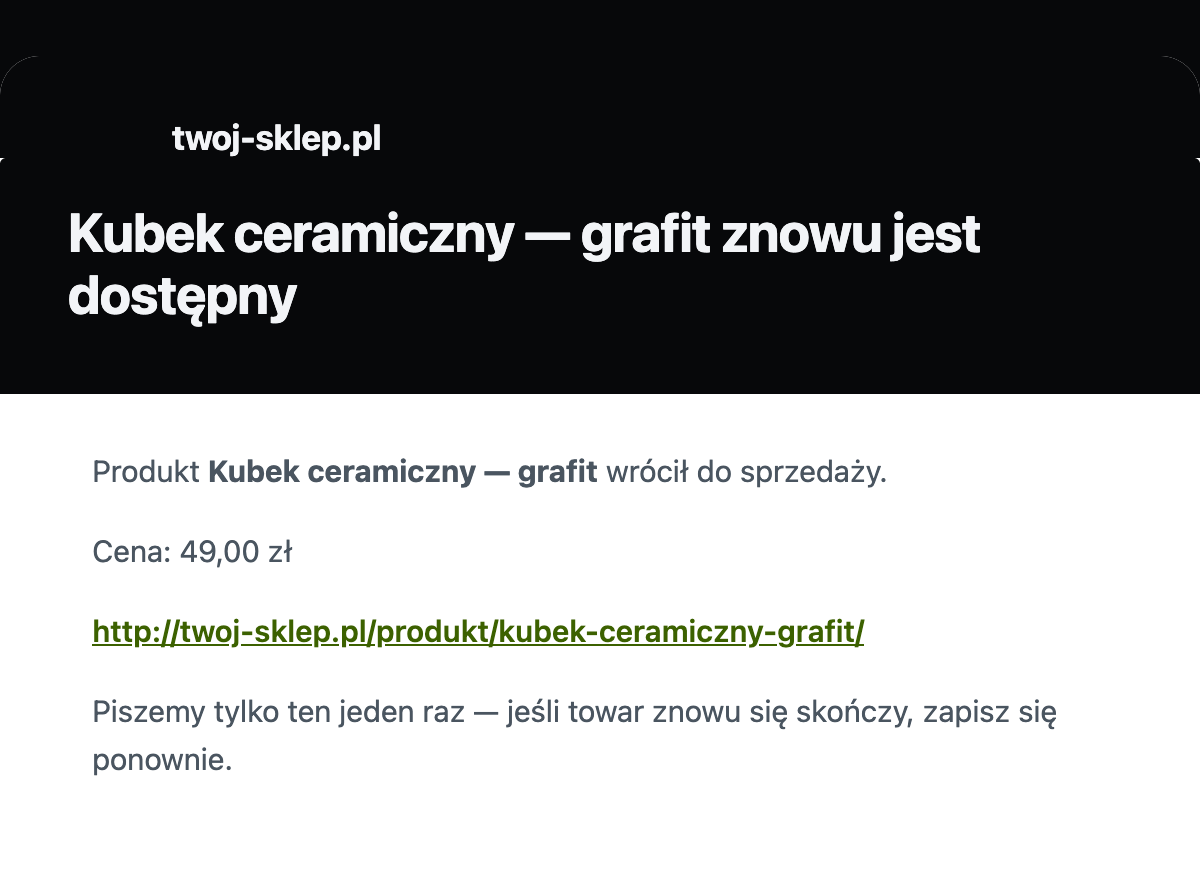 Mail o powrocie produktu do sprzedaży w szacie sklepu