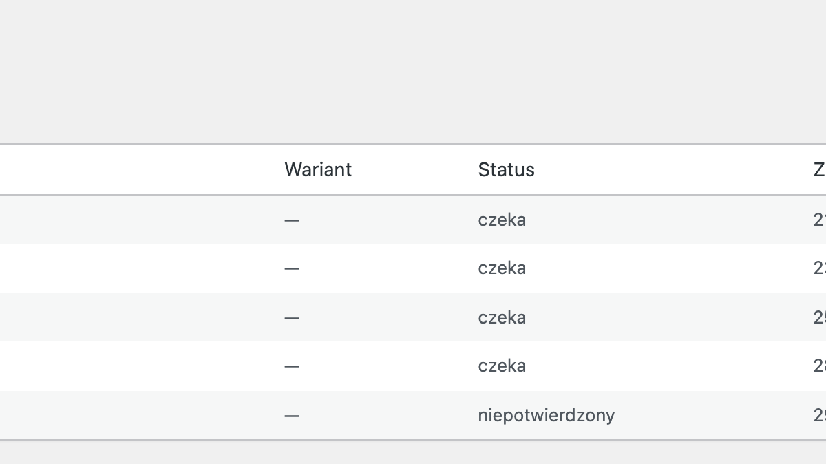 Lista adresów czekających na jeden produkt, z datami i statusem