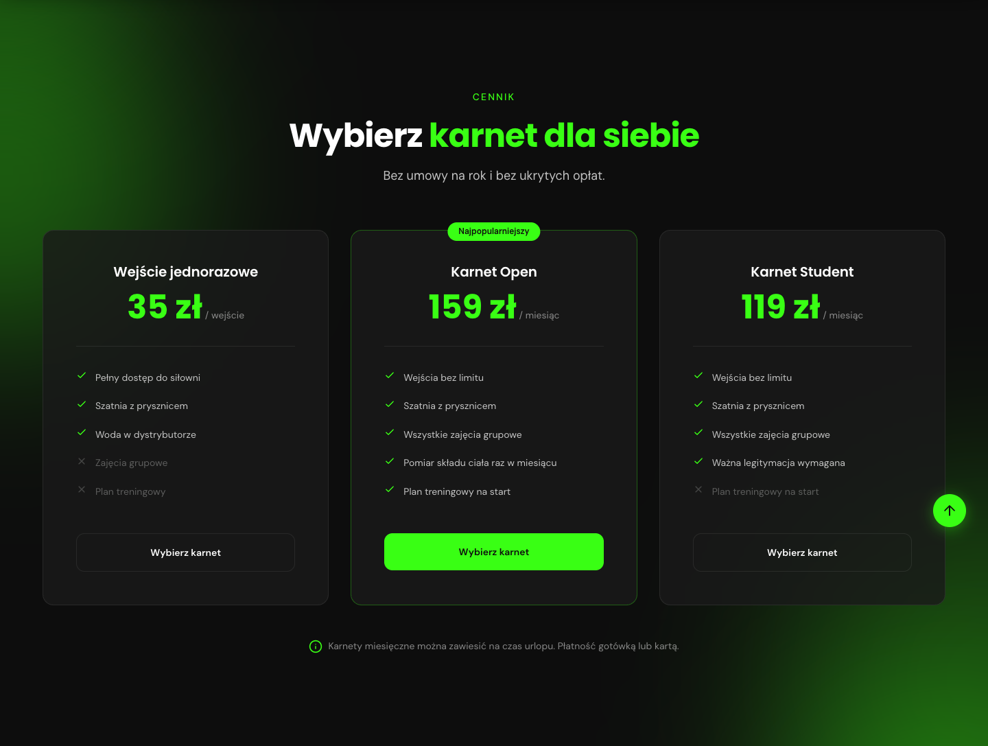 Cennik karnetów w trzech kolumnach, środkowy wyróżniony jako najpopularniejszy