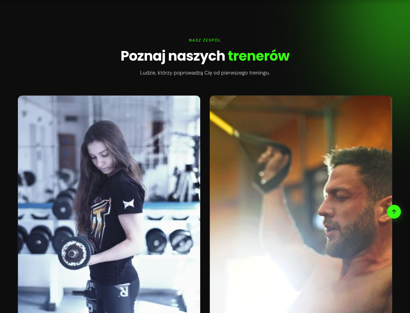 Sekcja zespołu: zdjęcia trenerów obok siebie na ciemnym tle