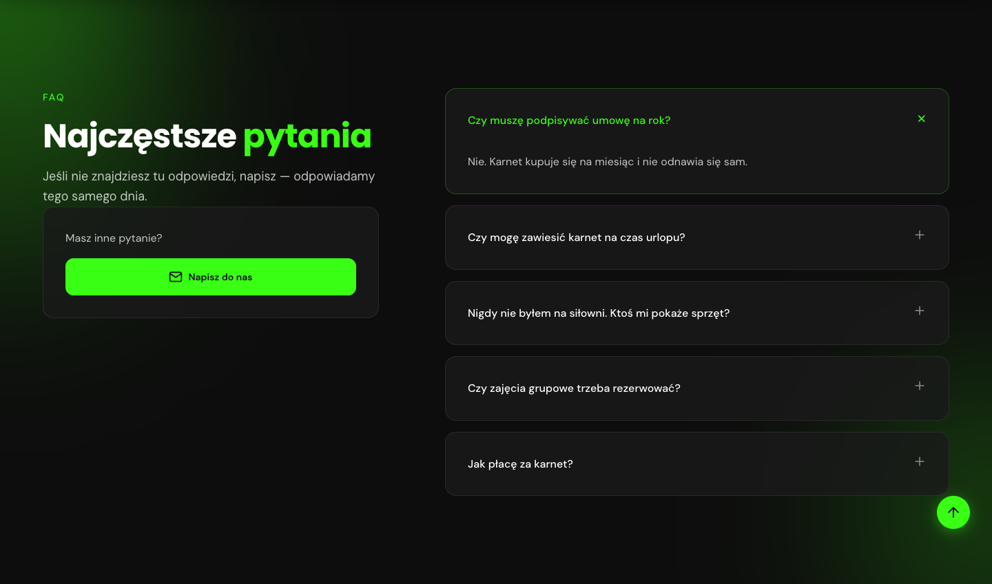 Najczęstsze pytania jako rozwijana lista, pierwsze pytanie otwarte