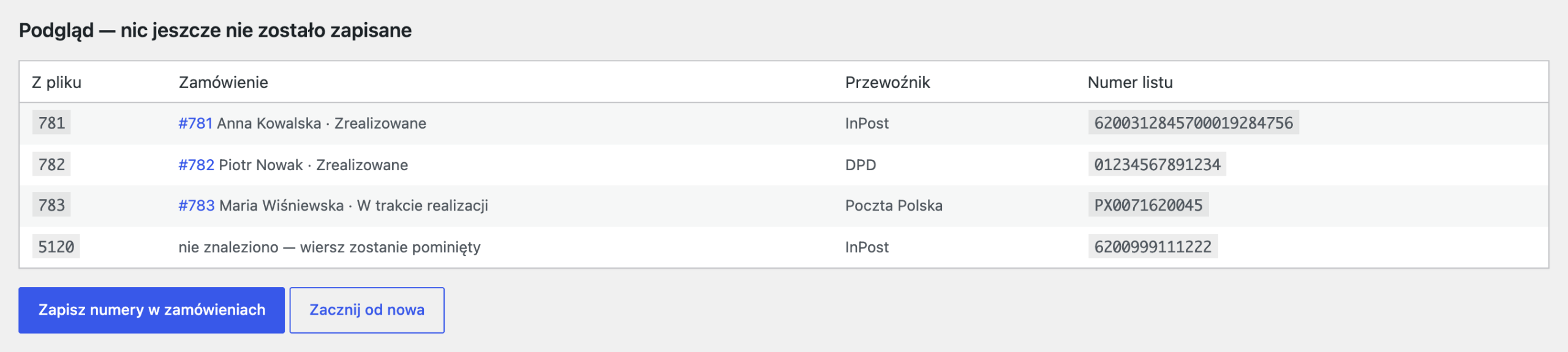 Podgląd importu numerów z pliku CSV od kuriera przed zapisem