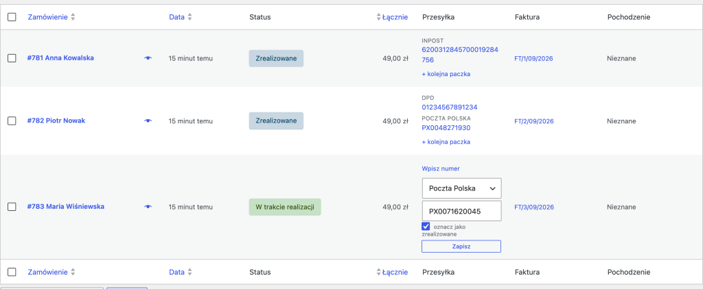 Numer przesyłki wpisywany wprost na liście zamówień w WooCommerce