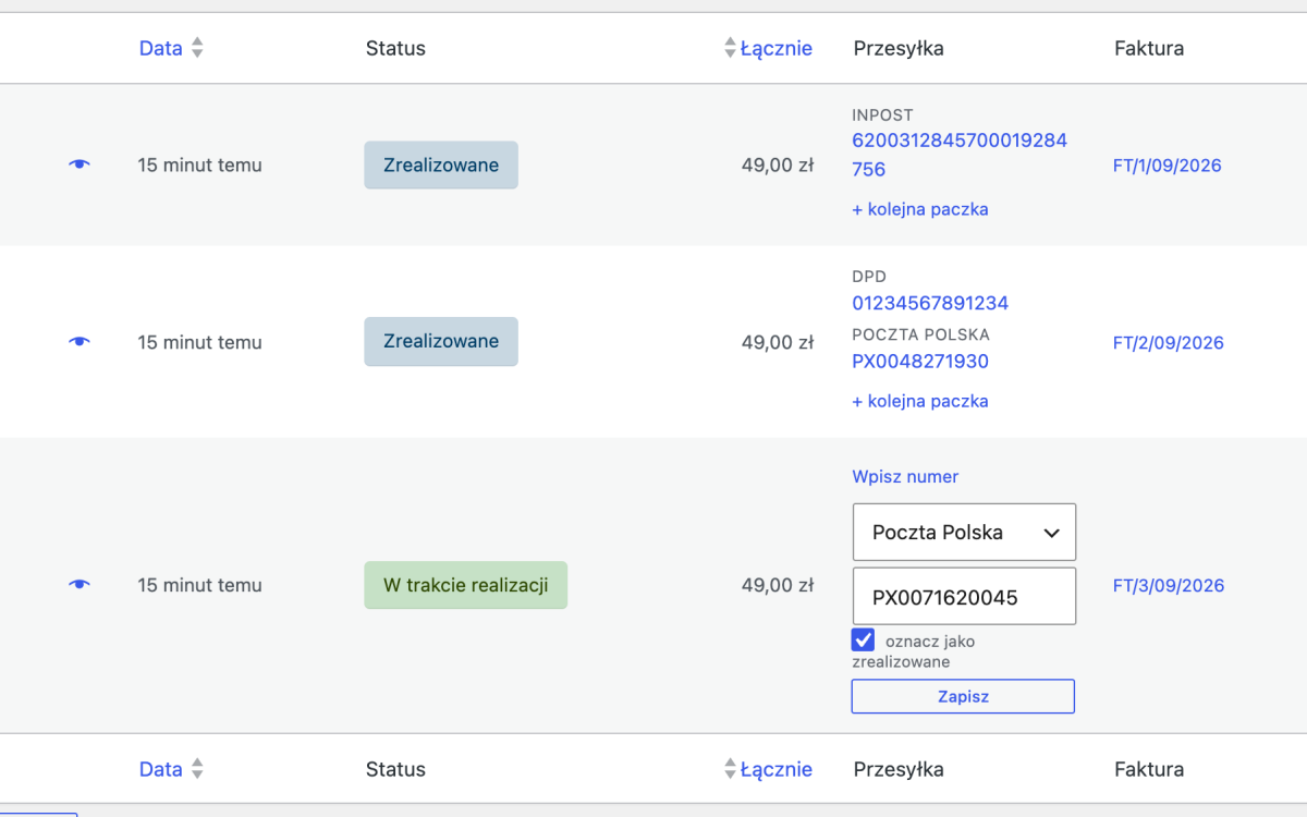 Numer przesyłki wpisywany wprost na liście zamówień w WooCommerce