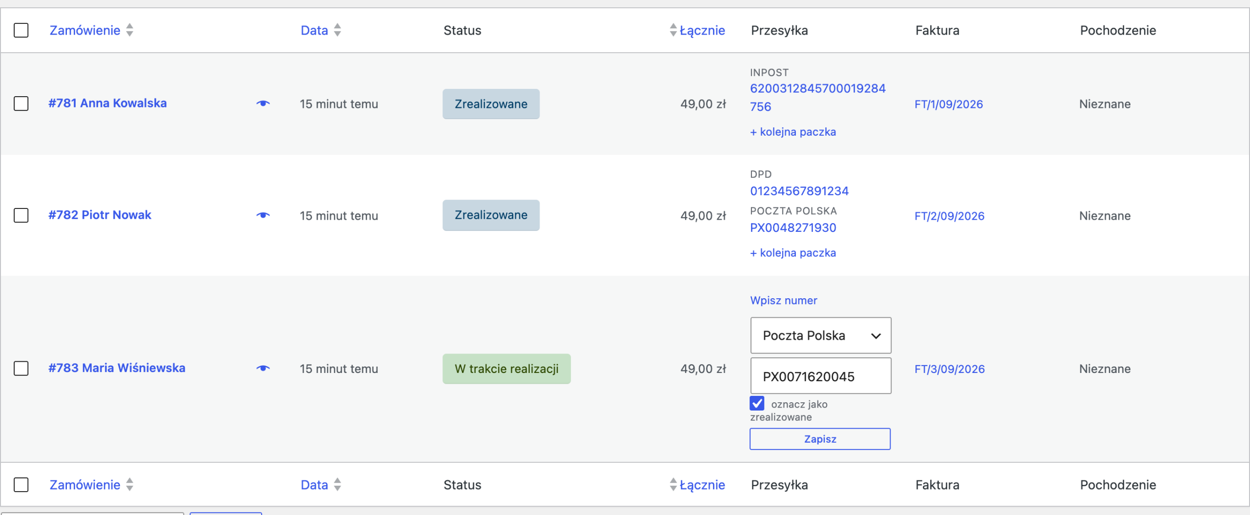 Numer przesyłki wpisywany wprost na liście zamówień w WooCommerce