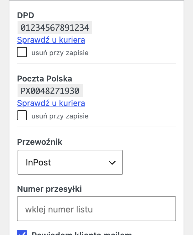Panel „Przesyłka” w widoku zamówienia z dwiema paczkami