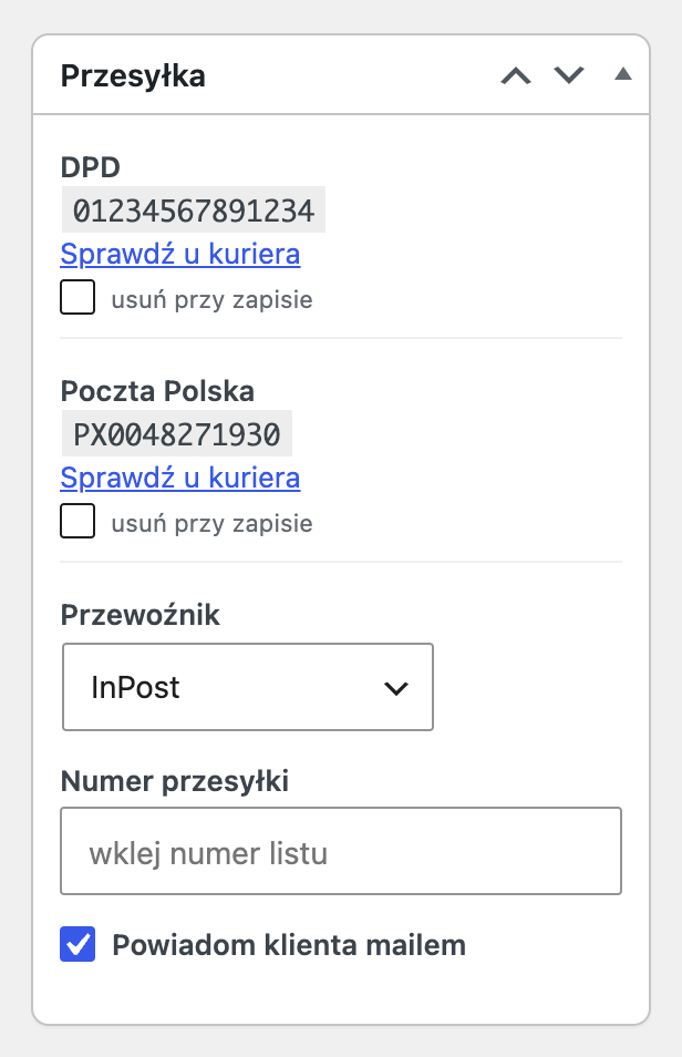 Panel „Przesyłka” w widoku zamówienia z dwiema paczkami