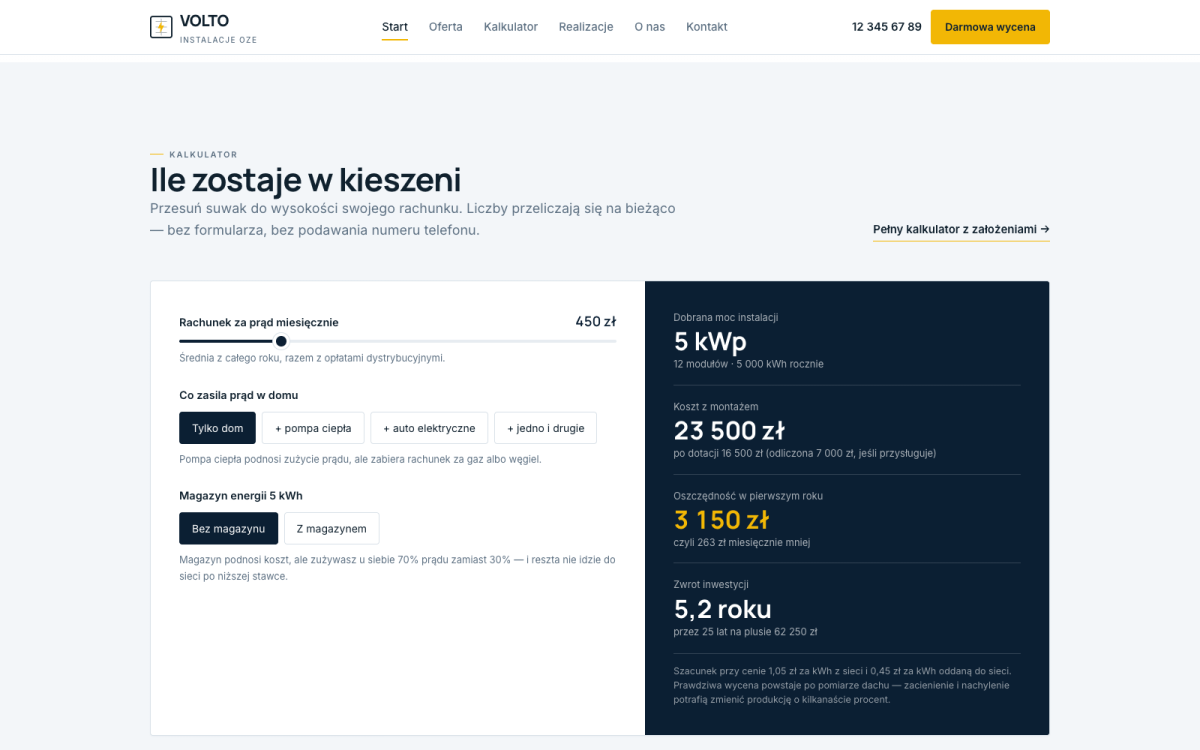 Kalkulator oszczędności na stronie głównej