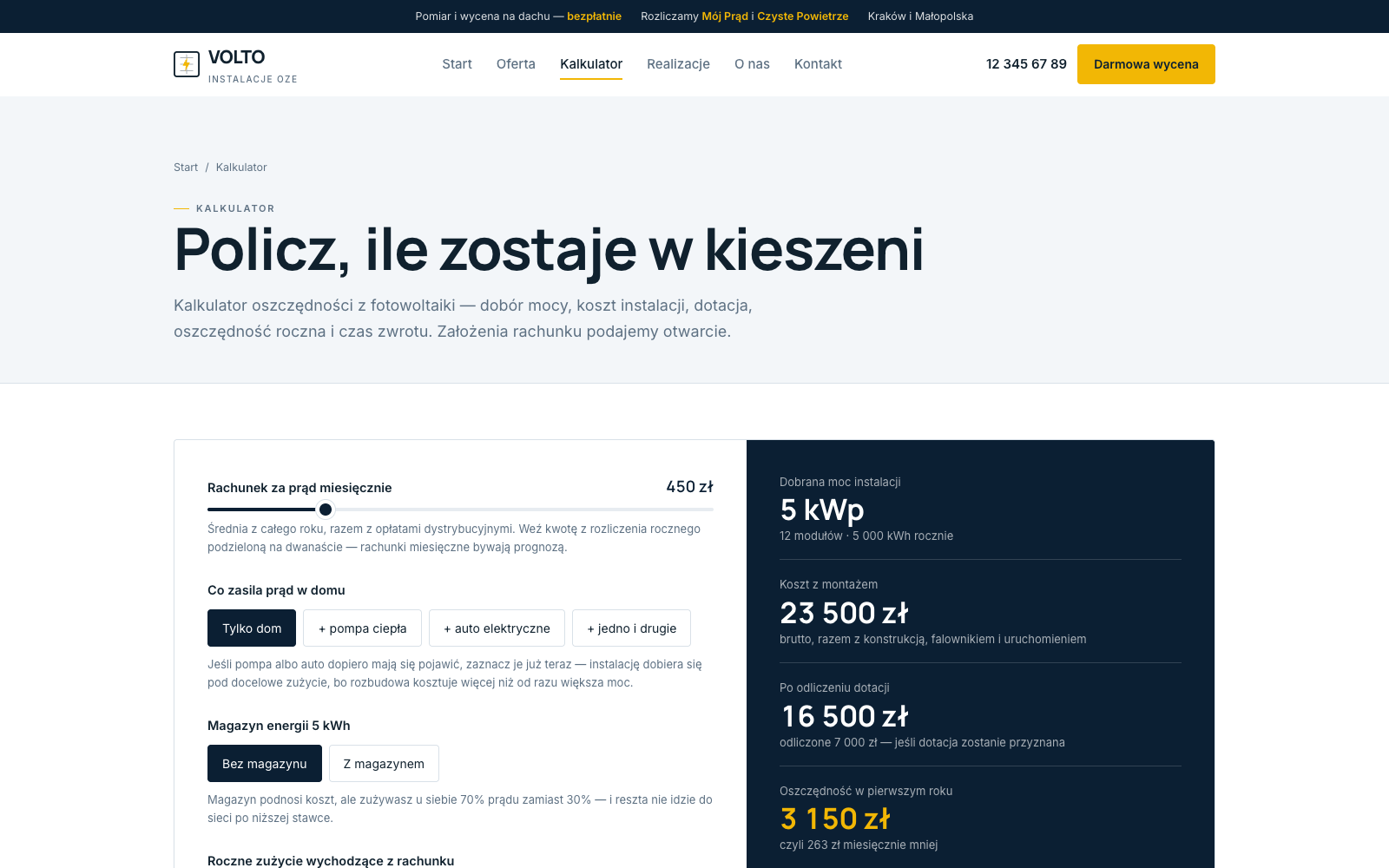Pełny kalkulator z magazynem energii