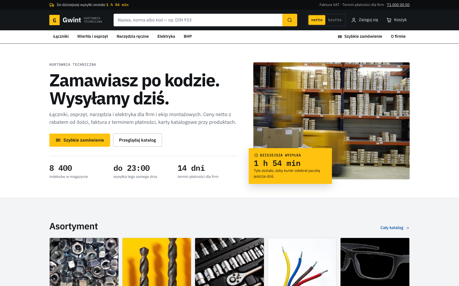 Motyw hurtowni technicznej - strona główna z odliczaniem do dzisiejszej wysyłki