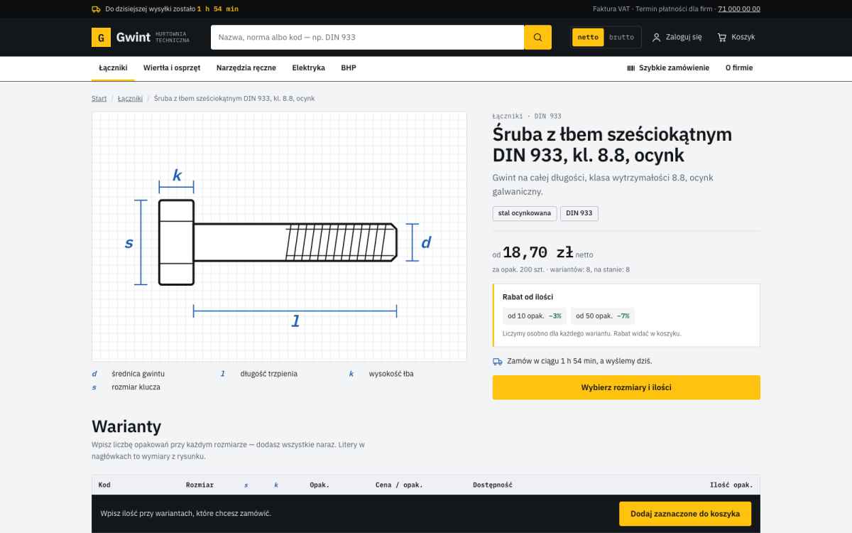 Karta produktu z rysunkiem technicznym, legendą wymiarów i progami rabatu