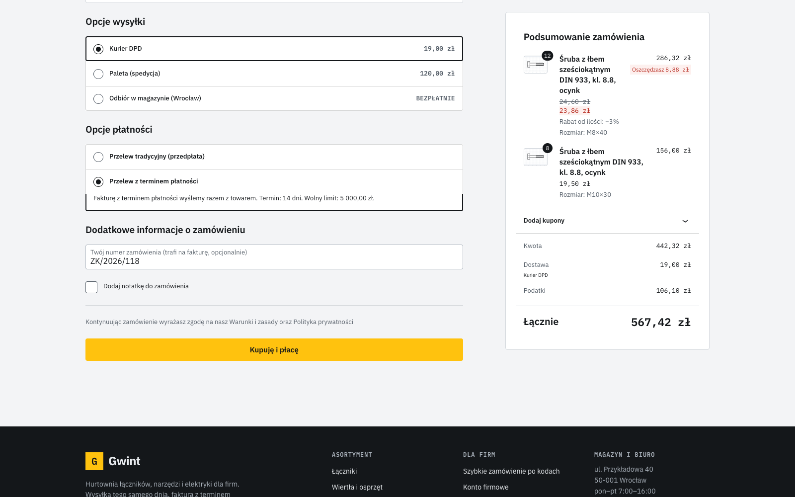 Kasa z przelewem z terminem płatności, wolnym limitem i numerem zamówienia klienta