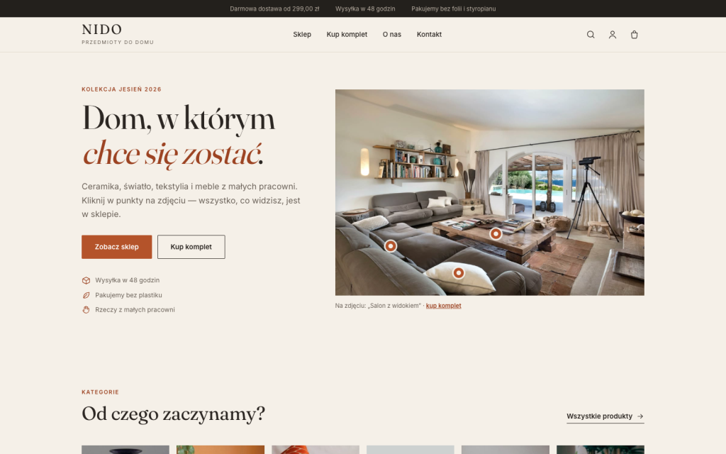 Motyw sklepu z wyposażeniem wnętrz - pierwszy ekran ze zdjęciem z punktami