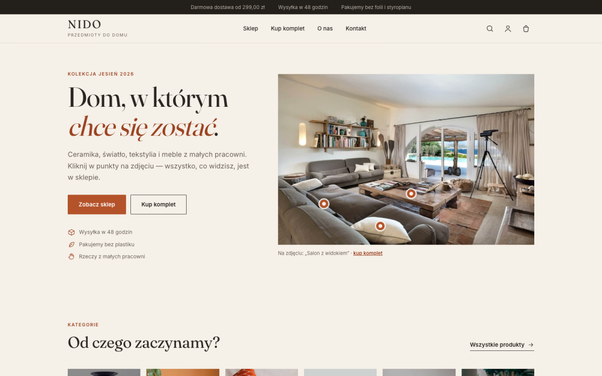 Motyw sklepu z wyposażeniem wnętrz - pierwszy ekran ze zdjęciem z punktami
